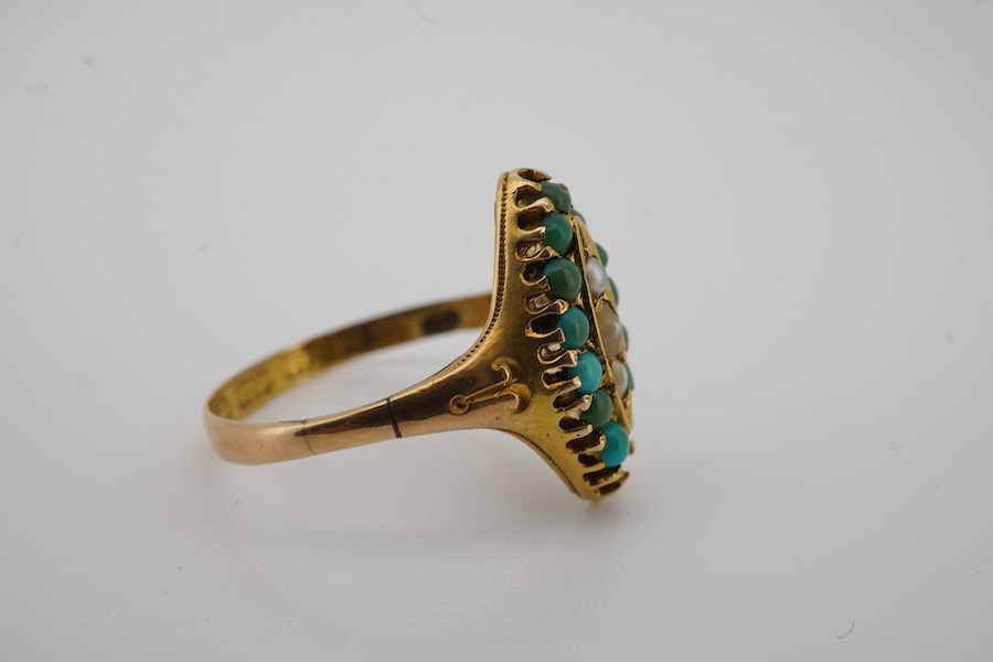 A Victorian 15ct gold, turquoise and seed pearl set marquise shaped ring, size N, together with an 18ct and diamond cluster set flower head ring, with 'coloured' petals, size O, gross weight 6.1 grams. Condition - fair